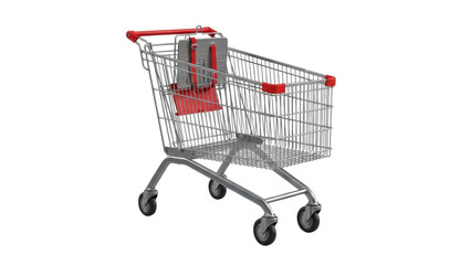 Silver shopping cart with red accents isolated on transparent background