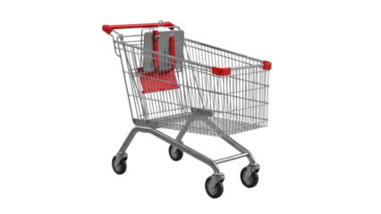 Silver shopping cart with red accents isolated on transparent background