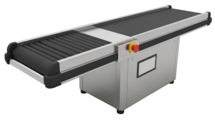 Industrial conveyor belt system with control panel isolated on transparent background