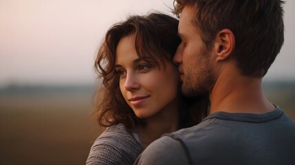 A couple embraces tenderly outdoors at dawn sharing a quiet intimate moment against a soft hazy landscape