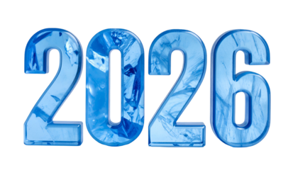 Blue, textured numerals "2026" float against a black backdrop