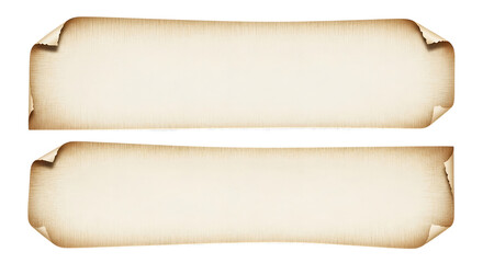 Two old parchment papers with torn edges on transparent background isolated on transparent background