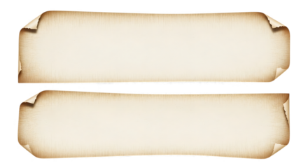 Two old parchment papers with torn edges on transparent background isolated on transparent background