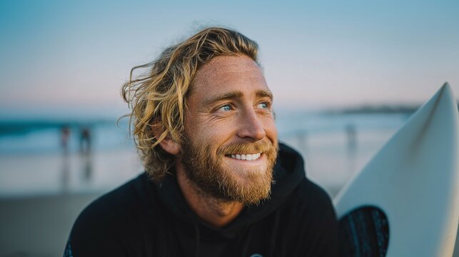 A smiling surfer with sun-kissed blond hair and a beard stands on a sandy beach, surfboard in hand, gazing towards the horizon with a look of contentment and anticipation.