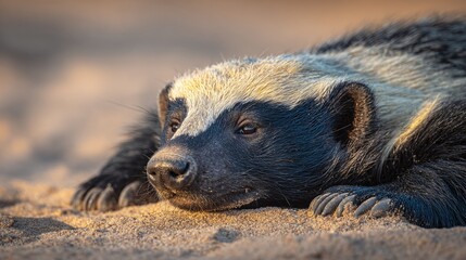 A close-up of a honey badger resting in the sand, showcasing its distinctive white stripe and strong claws. This tough creature is known for its tenacity and fearlessness.