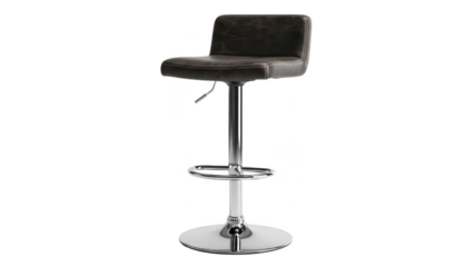 Modern black leather bar stool with adjustable height on chrome base isolated on transparent background