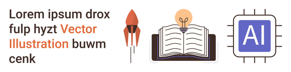 Education, technology, artificial intelligence, innovation, creativity, learning. Book with light bulb, rocket AI chip. Education and technology learning and innovation