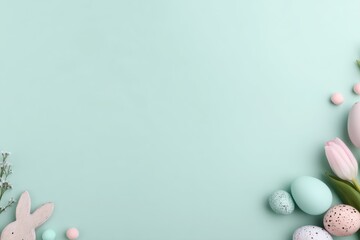 Mint pastel background with Easter eggs, flowers, and bunny elements arranged around copy space, ideal for seasonal promotions, social media posts, and holiday branding