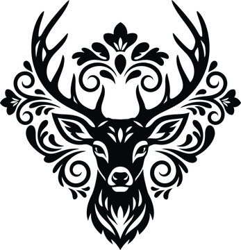 Majestic deer head silhouette with ornate floral tribal antlers vector illustration for tattoo branding emblem decor and artistic design.