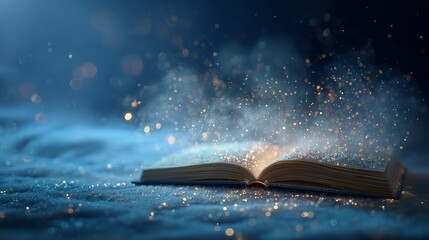 Open book with glowing light stream and sparkles symbolizing imagination, storytelling, and knowledge on a dark background
