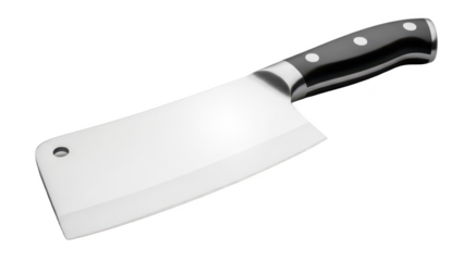 Large stainless steel cleaver with black handle isolated on transparent background