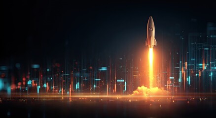 A rocket blasting off amidst a digital cityscape with glowing bars in the background