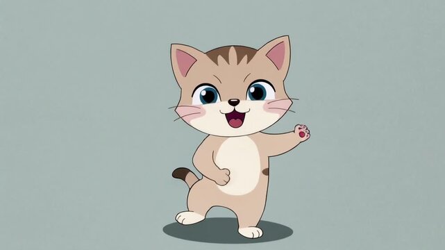Adorable minimalist cartoon kitten dancing happily, simple solid color background, expressive cute tiny paws shaking, bouncy body motion, joyful personality, clean flat illustration soft shadows, 4K