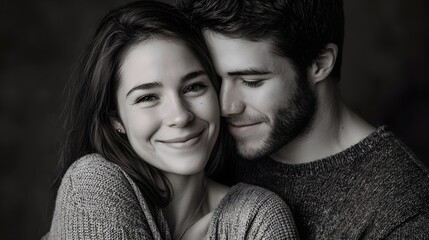 A joyful couple embracing closely in a black and white portrait conveying love and connection