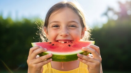 Little girl eating watermelon outdoors.