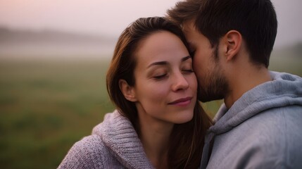 Fototapeta premium A man whispers intimately into a woman s ear sharing a tender moment outdoors in the soft morning mist