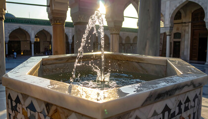 islamic architecture fountain in a traditional mosque courtyard with golden hour sunlight illuminating water spraying for cultural travel.