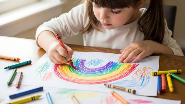 Little girl coloring with crayons indoors.