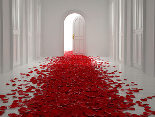 Path of red roses leading to door