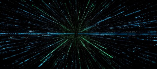 A dark, abstract image features rays of blue-green light emanating from the center