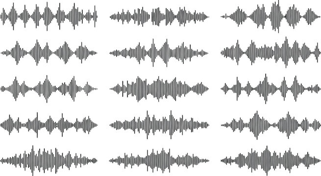 Podcast sound waves, audio waveforms line icons, elements for mobile messenger, podcast online radio, music player interface or app, single outline soundwave, podcast and broadcast, vector set