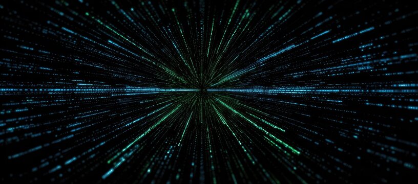 A dark, abstract image features rays of blue-green light emanating from the center - Powered by Adobe