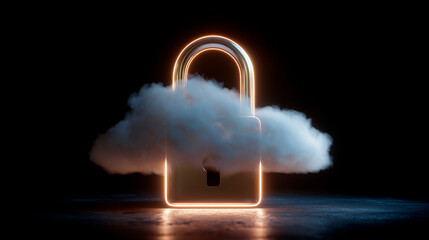 A backlit padlock with a cloud in the background. Cloud data security concept