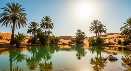 Obraz premium Oasis in the Desert - A Lush Green Mirage Reflecting Palm Trees and Blue Sky