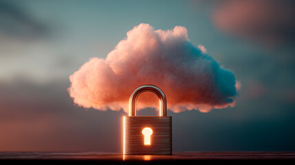 A backlit padlock with a cloud in the background. Cloud data security concept