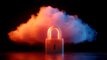 A backlit padlock with a cloud in the background. Cloud data security concept