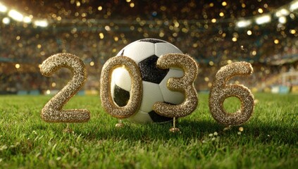 A soccer ball sits behind sparkly golden numbers on a green field at a brightly lit stadium