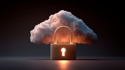 A backlit padlock with a cloud in the background. Cloud data security concept