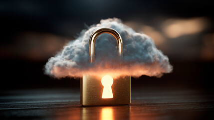 A backlit padlock with a cloud in the background. Cloud data security concept