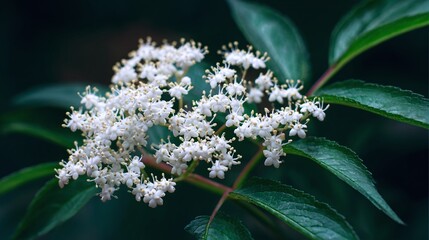 A cluster of pristine white flowers blooms amidst a backdrop of lush green foliage. The delicate petals and vibrant leaves create a serene scene. Nature's beauty unveiled.