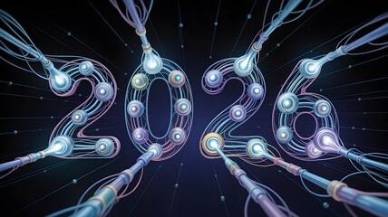 Futuristic 2026 New Year Abstract Background – Glowing Blue Tech Cables, Modern Neon Cyberpunk Holiday Illustration, Digital Network Wires, Creative Sci-fi Christmas Celebration & 3D Render Graphics