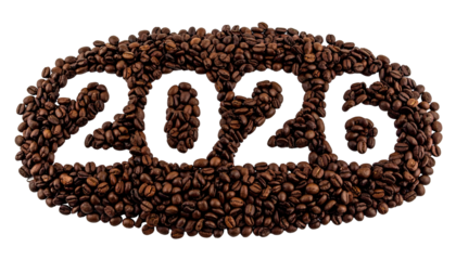 2026" displayed using roasted coffee beans on a black backdrop
