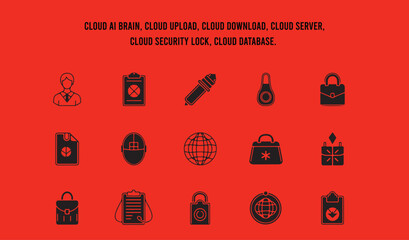Cloud AI brain, cloud upload, cloud download, cloud server, cloud security lock, cloud database.