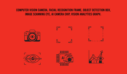Computer vision camera, facial recognition frame, object detection box, image scanning eye, AI camera chip, vision analytics graph.