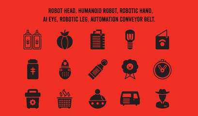 Robot head, humanoid robot, robotic hand, AI eye, robotic leg, automation conveyor belt.