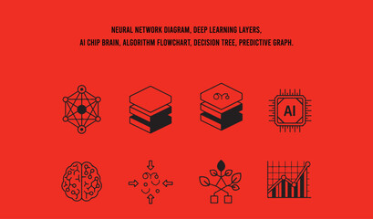 Neural network diagram, deep learning layers, AI chip brain, algorithm flowchart, decision tree, predictive graph.