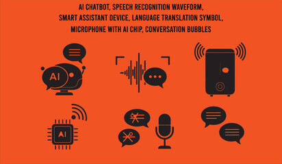 AI chatbot, speech recognition waveform, smart assistant device, language translation symbol, microphone with AI chip, conversation bubbles