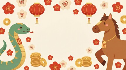 Naklejka premium Chinese new year decoration with horse and snake cartoon characters, gold coins, flowers, and lanterns on beige background for festive celebration