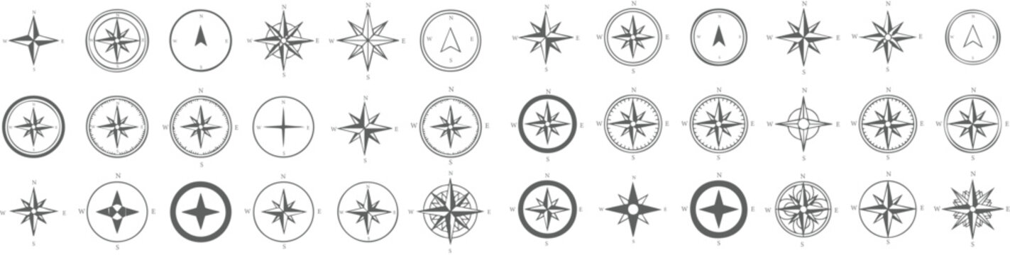 Minimal compass icon set collection with wind rose navigation symbols for travel, maritime, exploration and direction design