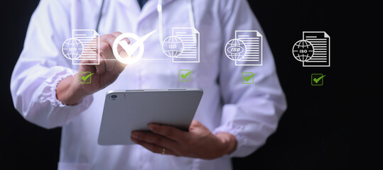 Medical compliance system check with confident doctor touching virtual interface approving healthcare data