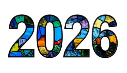 Year 2026 displayed with colorful, stained glass-style numerals on black