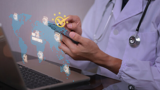 Confident doctor using phone to manage global medical compliance system with secure digital technology - Powered by Adobe
