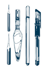 Set of hand-drawn art tools for sketching in black-and-white line art, including pens, brushes and nibs with expressive contours, graphic contrast, isolated on white background.