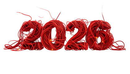 Red cables form the numerals "2023" over a black background