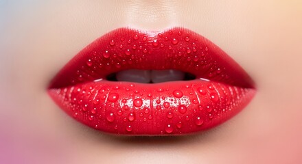 Obraz premium Glossy red lipstick lips with water droplets, macro closeup beauty and glamour background
