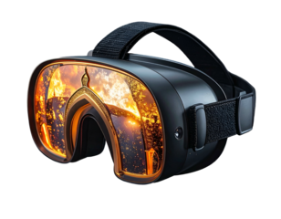 VR headset displaying a fiery, arched scene on a black background